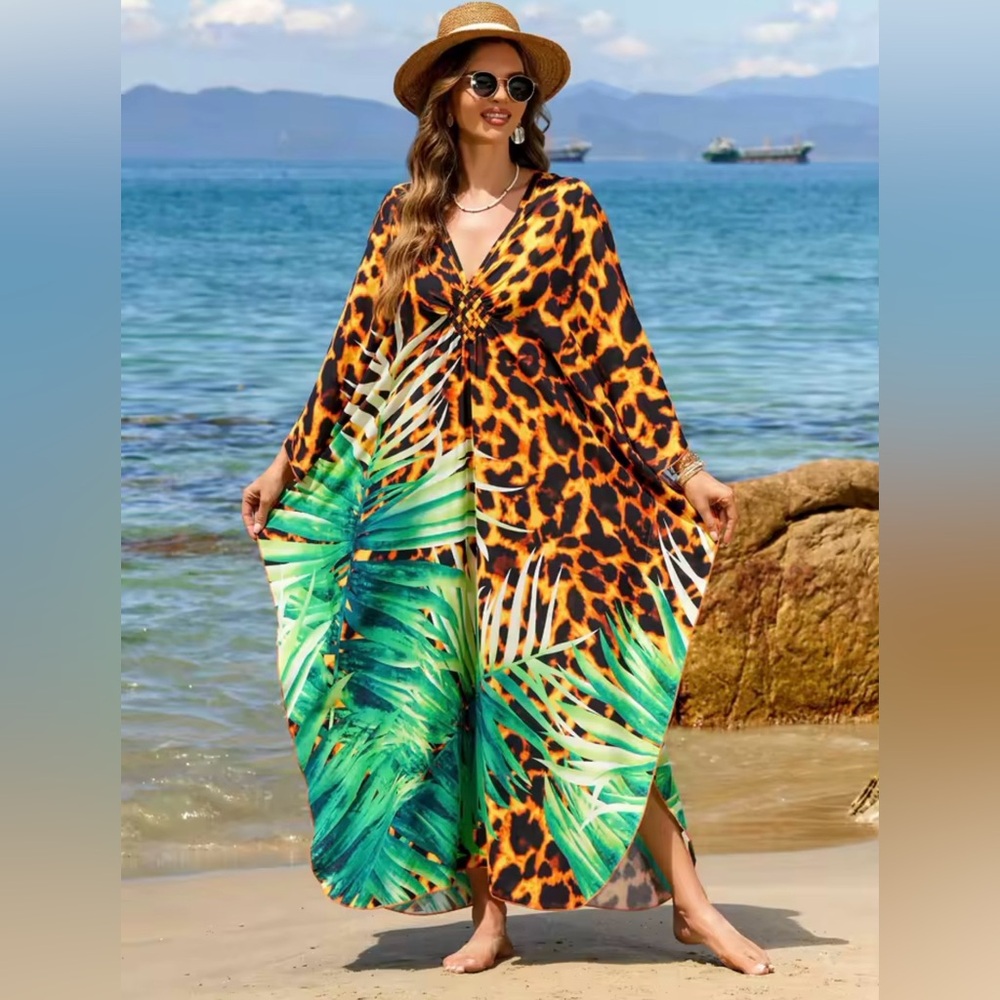 Nu Shuz Tropical Palm & Leopard Print Maxi Cover-Up Kaftan